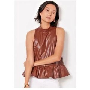 Amanda Uprichard Size Medium Anders Faux Leather Peplum Ruffle Tank Top Brown
